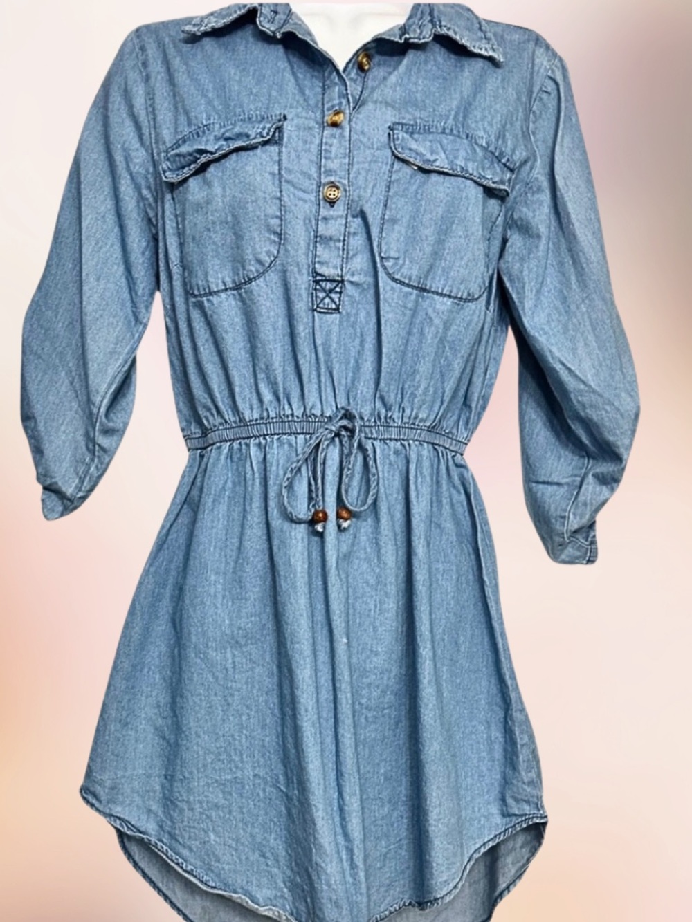 CLASSIC SHIRT DRESS Western Blue Chambray Boho Chic High Low Tab Sleeves SZS